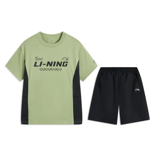 李宁儿童休闲运动套装 运动生活系列 圆领拼色短袖柔软五分裤 土灰绿/黑色 儿童款