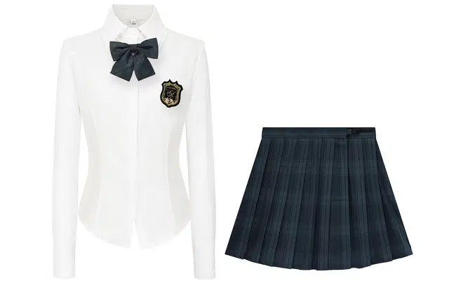 九条喵 尖领纯色收腰长袖衬衫格纹舒适半身裙辣妹学院风领结质感简约徽章制服 女款 白色