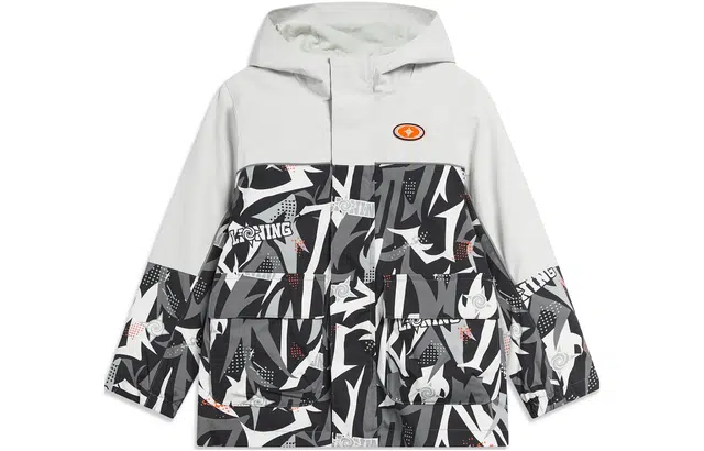 李宁儿童 撞色连帽反光摇粒绒三合一风衣 儿童款 黑白满印