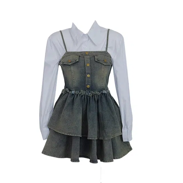 涂诗菲 纯色简约翻领长袖上衣高级感收腰连衣裙裙装套装 女款