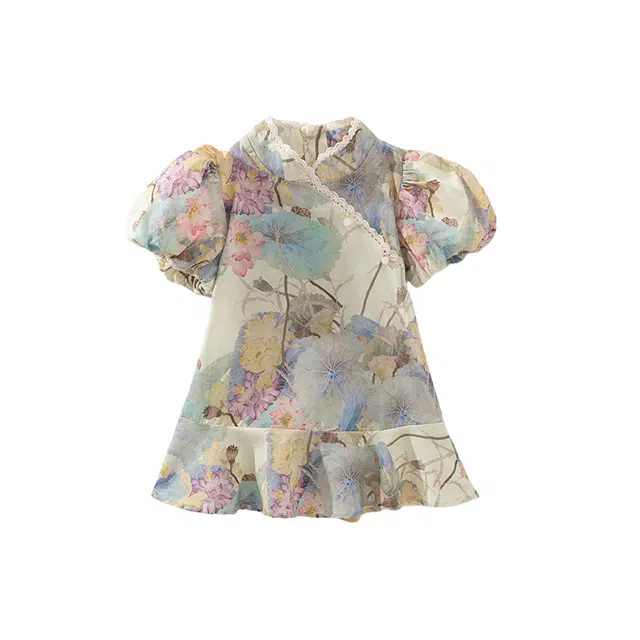 蓝精灵 古风立领休闲短袖连衣裙 儿童款 蓝色