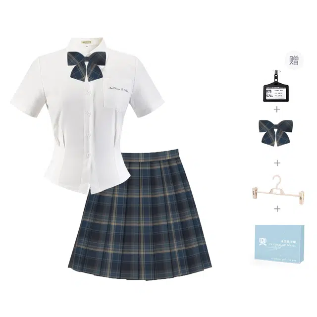 冰淇淋与鲸 时尚舒适短袖上衣气质百搭短裙制服 女款 白色收腰短袖衬衫+雾霭鲸格裙  买赠送领结+校章