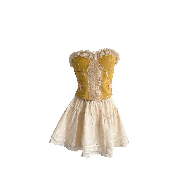 涂诗菲 娇气软软性感蕾丝拼接复古抹胸上衣蓬蓬甜辣短裙裙装套装 女款