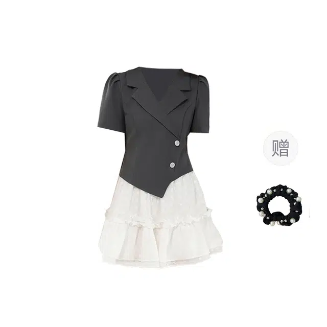 雾闪闪 韩系学院风短袖西装上衣百搭蕾丝短款半身裙裙装套装 女款