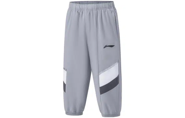 李宁儿童 童装 跑步系列 条纹中腰直筒束脚七分运动裤 男童 灰色