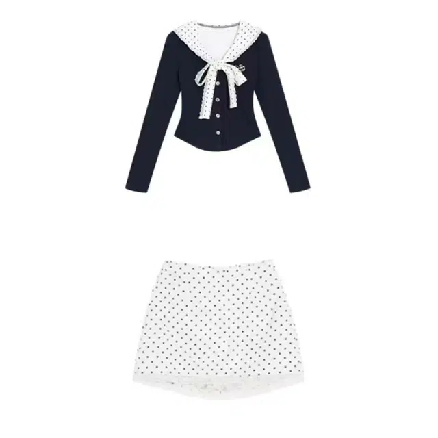 哒头下雨不愁 纯欲风娃娃领修身长袖上衣高腰波点包臀半身裙裙装套装 女款
