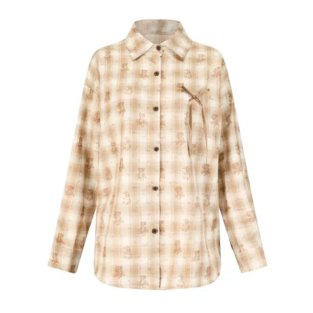 九条喵 格子宽松小熊蝴蝶结落肩制服 女款 卡其色