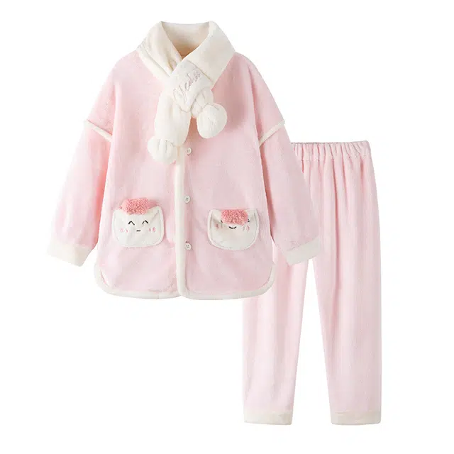 英氏 卡通口袋带围脖家居加绒加厚保暖套装 儿童款