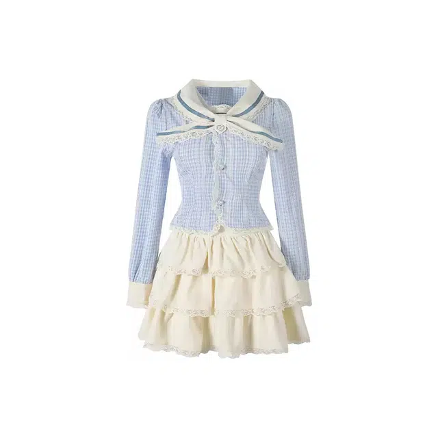 涂诗菲 甜美减龄格纹上衣时尚蛋糕百搭短裙裙装套装 女款