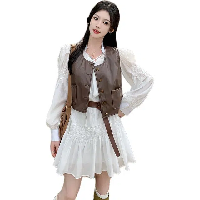 思蓓儿 甜美连衣裙高级感仙女裙简约皮马甲裙装套装 女款