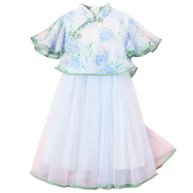 十月妈咪 童装 古风复古公主裙短袖儿童汉服 女童 夏日之歌蓝