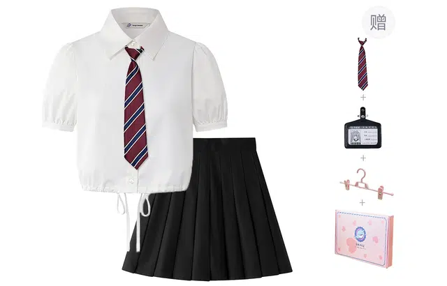 东鲸岁时记 学院风尖领辣妹风上衣百褶高腰下衣制服 女款 白色+黑色