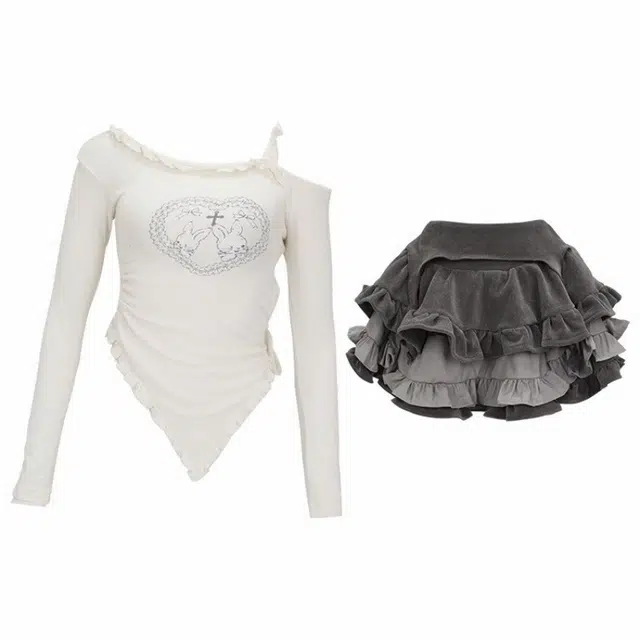 怪力萝莉 超仙纯欲春夏穿搭女修身显瘦白色上衣超重工蛋糕蓬蓬裙裙装套装 女款