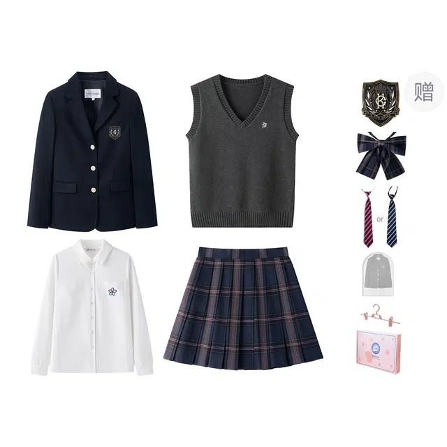 东鲸岁时记 学院风修身收腰开衫西装高智感针织背心穿搭纯色长袖衬衫格子百褶裙制服 女款