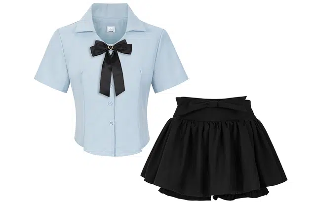 九条喵 尖领纯色收褶上衣学院风高腰下衣纯色质感领结制服 女款 蓝色+黑色