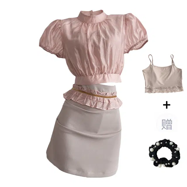 雾闪闪 气质灯笼袖纯色短袖上衣不对称设计倒褶半裙裙装套装 女款