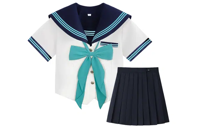 依钗 水手服海军领拼色短袖上衣纯色简约低腰短裙制服 女款