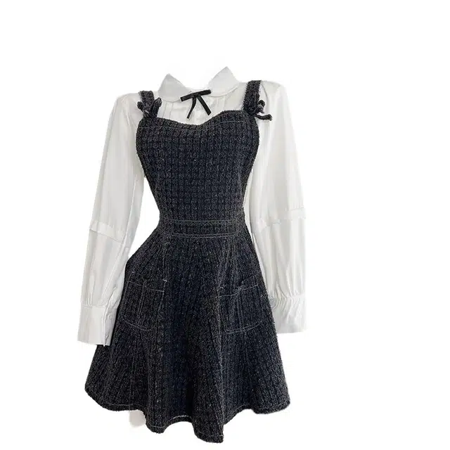 桴生 穿搭茶系穿搭小香风衬衫搭配牛仔背带连衣裙子两件套裙装套装 女款