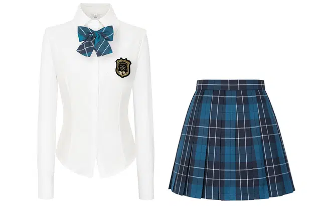 九条喵 尖领收腰纯色长袖衬衫格纹舒适半身裙辣妹简约领结小巧质感徽章制服 女款 白蓝