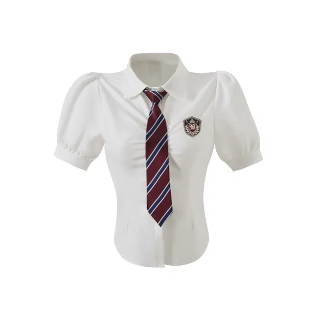 花山家的猫 纯色翻领泡泡袖上衣格子百褶裙制服 女款