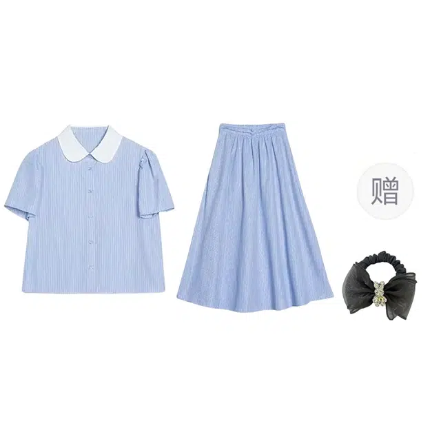 雾闪闪 甜美撞色条纹法式娃娃领短袖衬衫收腰显瘦减龄半身裙两件套裙装套装 女款 蓝色