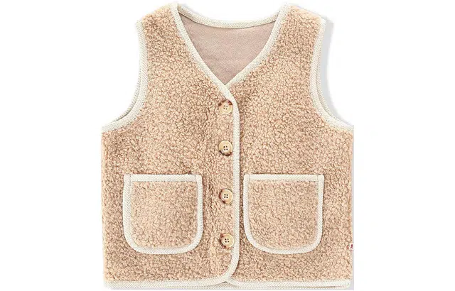 梦特娇 童装 纯色单排扣泰迪绒马甲 男童女童