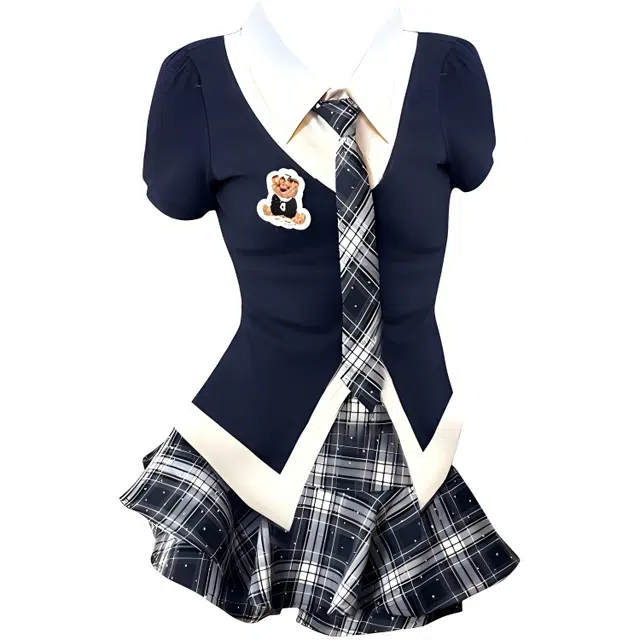 木清清 韩系学院风夏季设计感假两件上衣高腰显瘦两件套裙装套装 女款