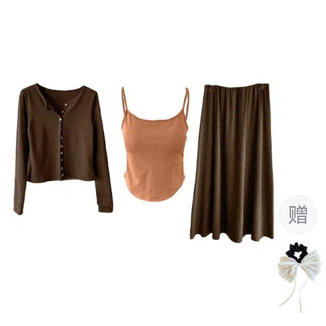 涂诗菲 韩系减龄设计感一整套针织开衫自带胸垫吊带高腰半身裙三件套裙装套装 女款