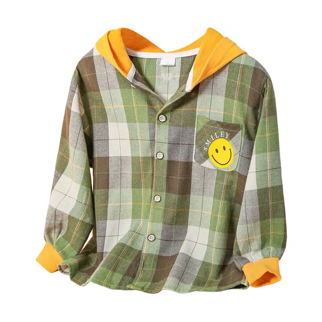 儿童款 十月妈咪 连帽简约休闲单排扣长袖格纹衬衫衬衣外套 春秋