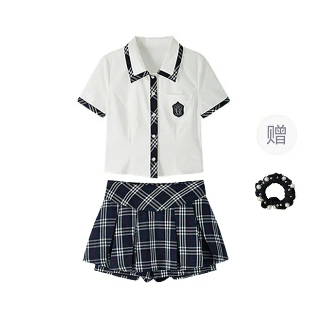 雾闪闪 学院风韩系短袖衬衫高腰百褶半身短裙制服两件套裙装套装 女款