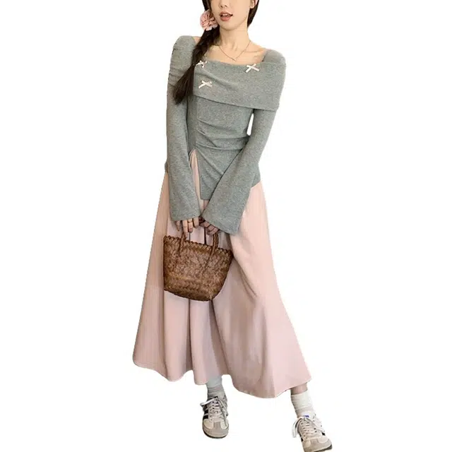 涂诗菲 韩系小个子甜美学院风蝴蝶结长袖上衣纯色半身裙裙装套装 女款 灰色