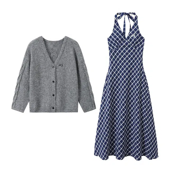 涂诗菲 简约时尚百搭长袖上衣复古格纹设计感连衣裙裙装套装 女款