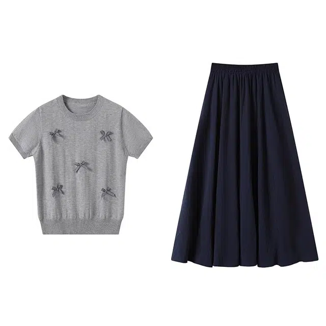 古莲菲 夏季修身显瘦针织上衣百搭半身裙温柔知性衣服洋气休闲两件套裙装套装 女款