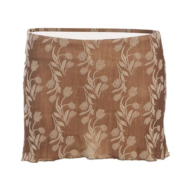 哒头下雨不愁 辣妹性感甜美复古印花包臀高腰磨边休闲短裙 女款 棕色