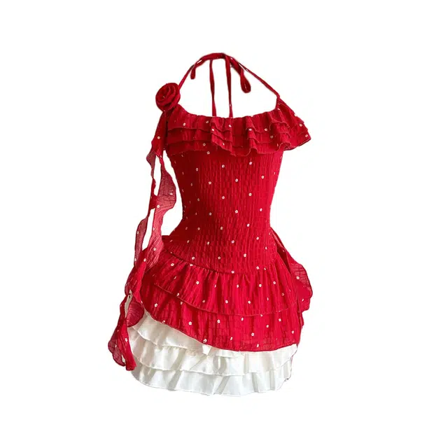 敲模女孩 纯欲风辣妹收腰不规则荷叶边波点吊带上衣高腰公主蓬蓬短裙甜美裙装套装 女款