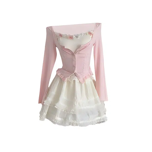 敲模女孩 法式甜美风蕾丝吊带立体花朵收腰假两件修身长袖开衫高腰蓬蓬短裙裙装套装 女款