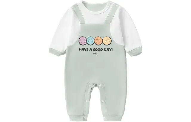 梦特娇 童装 拼色笑脸印花婴儿爬行连体装 婴童 绿白笑脸