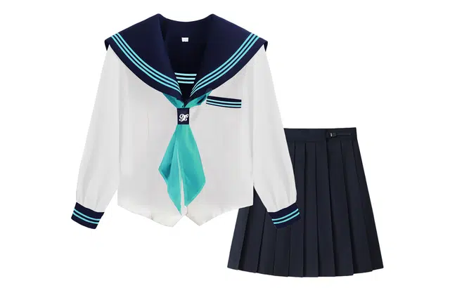 依钗 水手服海军领拼色短袖上衣纯色简约低腰短裙制服 女款