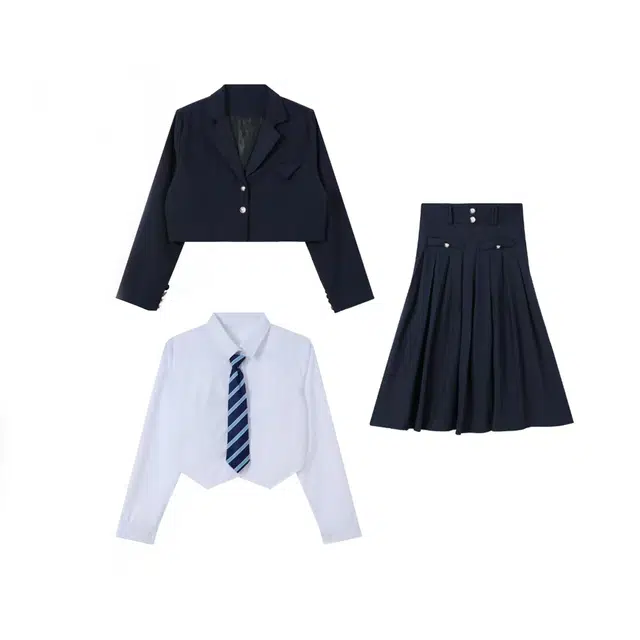 敲模女孩 美式复古学院风制服短款西装外套韩系内搭衬衫高腰百褶半身裙裙装套装 女款