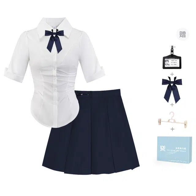 冰淇淋与鲸 学院风纯色收腰短袖衬衫高腰百褶短裙制服 女款 白色半袖衬衫+绀色箱褶裙  买赠送领结+校章