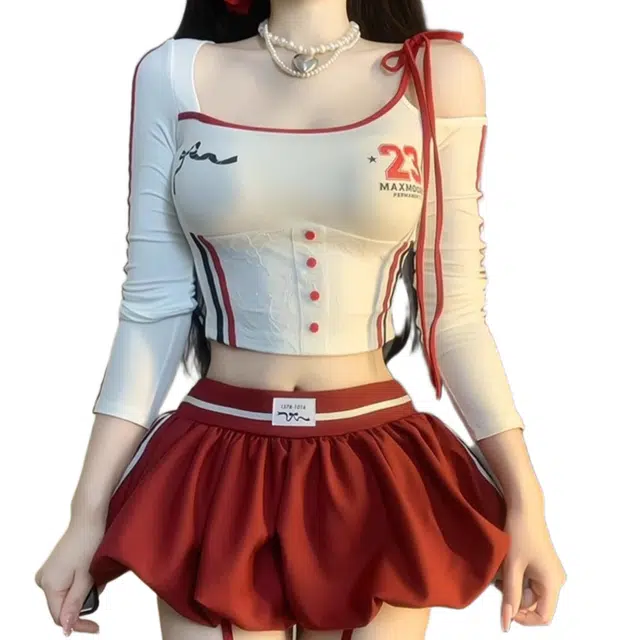 怪力萝莉 美式复古纯欲风甜酷辣妹撞色拼接长袖上衣高腰显瘦蓬蓬短裙潮裙装套装 女款