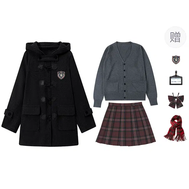 御茶家 基础款牛角扣连帽宽松保暖韩系长袖大衣针织马甲格纹短裙制服 女款