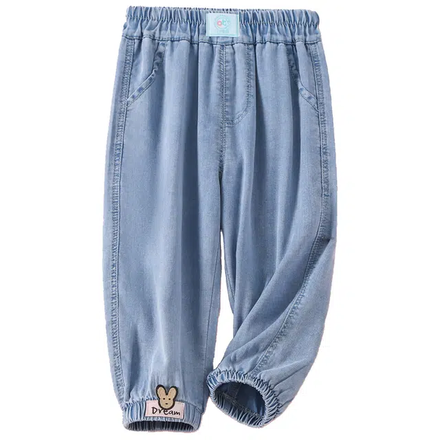 十月妈咪 轻薄束脚休闲长裤子松紧腰针织运动裤 春秋 儿童款 牛仔蓝