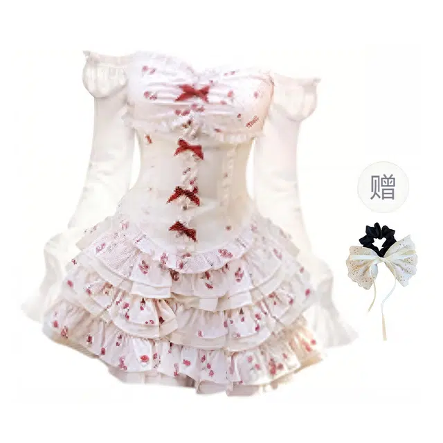 涂诗菲 法式纯欲风蝴蝶结长袖上衣收腰甜美碎花蛋糕裙裙装套装 女款