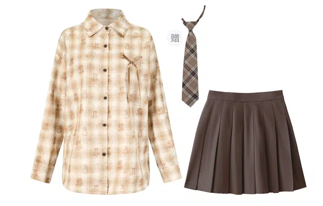 九条喵 休闲小熊格子长袖衬衫裙装制服 女款