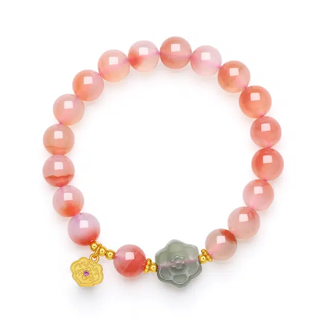 翠雅金楼 吉祥如意好事莲莲 新中式国潮富贵莲花招财纳福转运 精致百搭清冷感学生通勤#好运 蜜桃红天然 玛瑙 手串 女款