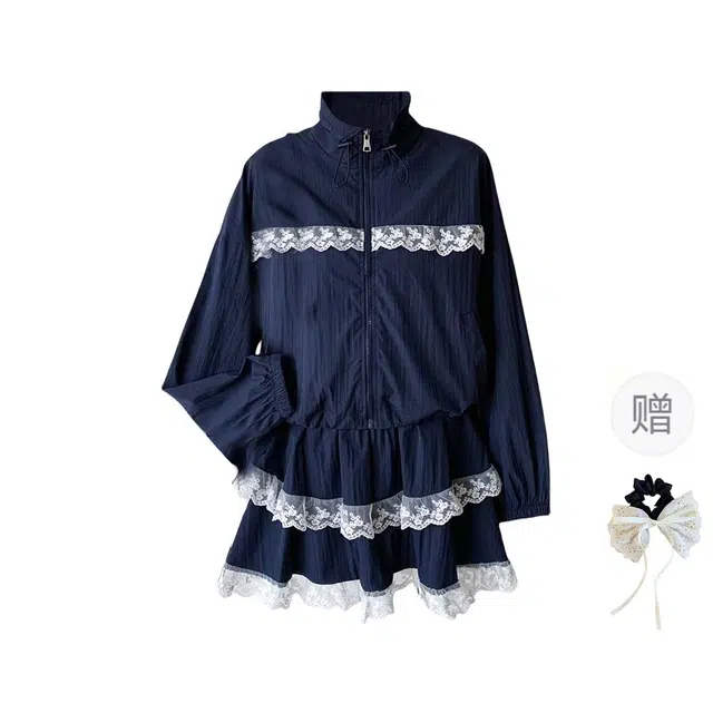 涂诗菲 韩系学院风甜美立领长袖上衣高腰显瘦蕾丝拼接蛋糕裙裙装套装 女款 两件装