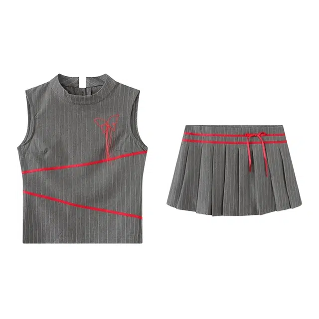 怪力萝莉 辣妹撞色刺绣小众背心上衣条纹百搭百褶裙裙装套装 女款