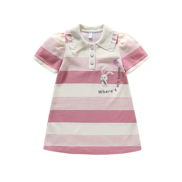 浪莎 条纹短袖亲肤短袖儿童连衣裙 中童 粉色