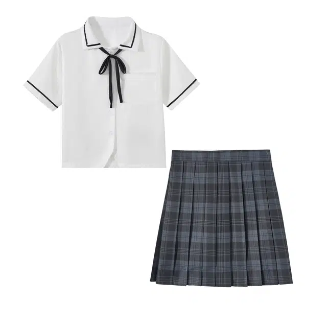 花山家的猫 学院风翻领单排扣短袖上衣中腰修身格子短裙制服套装 女款